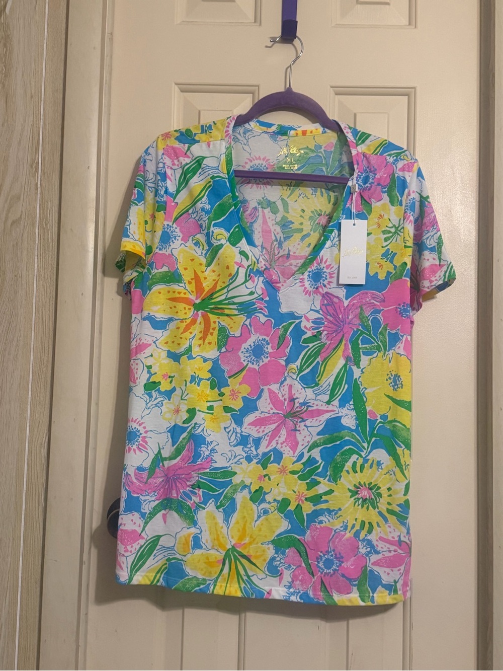 Lilly Pulitzer Vibrant Floral V-Neck Tee - Pink, Yellow, Blue, Green